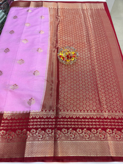 Banarasi Semi RW Mango Silk Saree for Women with Zari Buta, Contrast Border, Designer Pallu and Brocade Blouse