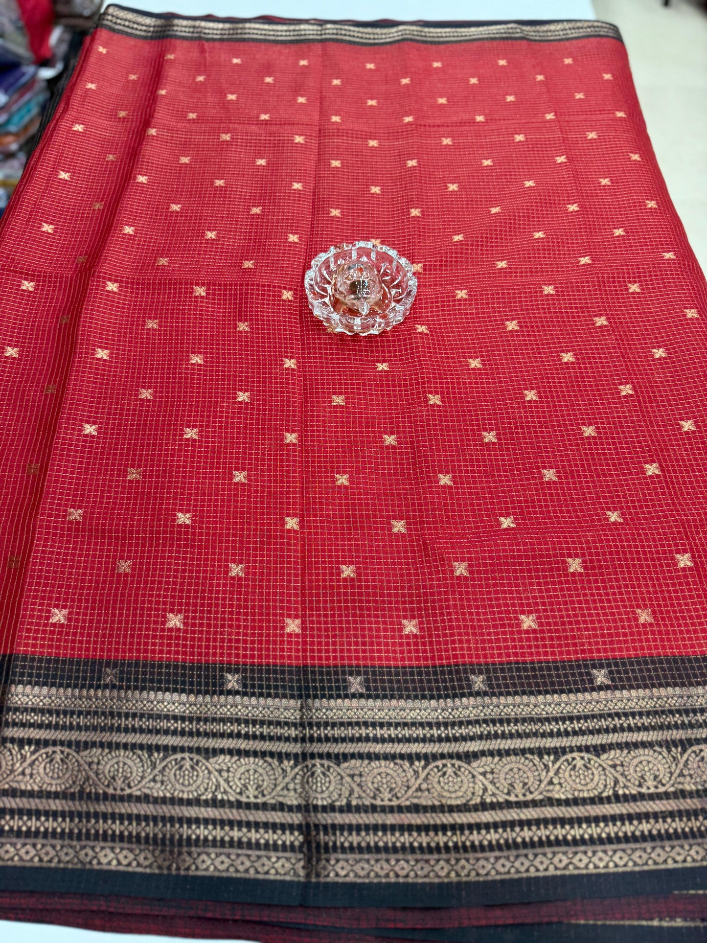 Munga pattu silk blend saree with small buti checks and zari border, women’s festive wear saree