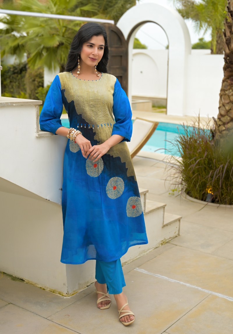 Cotton Kurti Pant Set for Women, Blue Olive Printed Kurti with Pant, 2 Piece Set, 3/4 Sleeves, Regular Fit