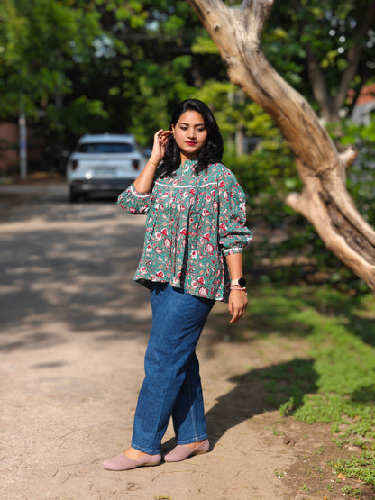 Green Cotton Botanical Print Empire Top for Women – Sizes S to 3XL