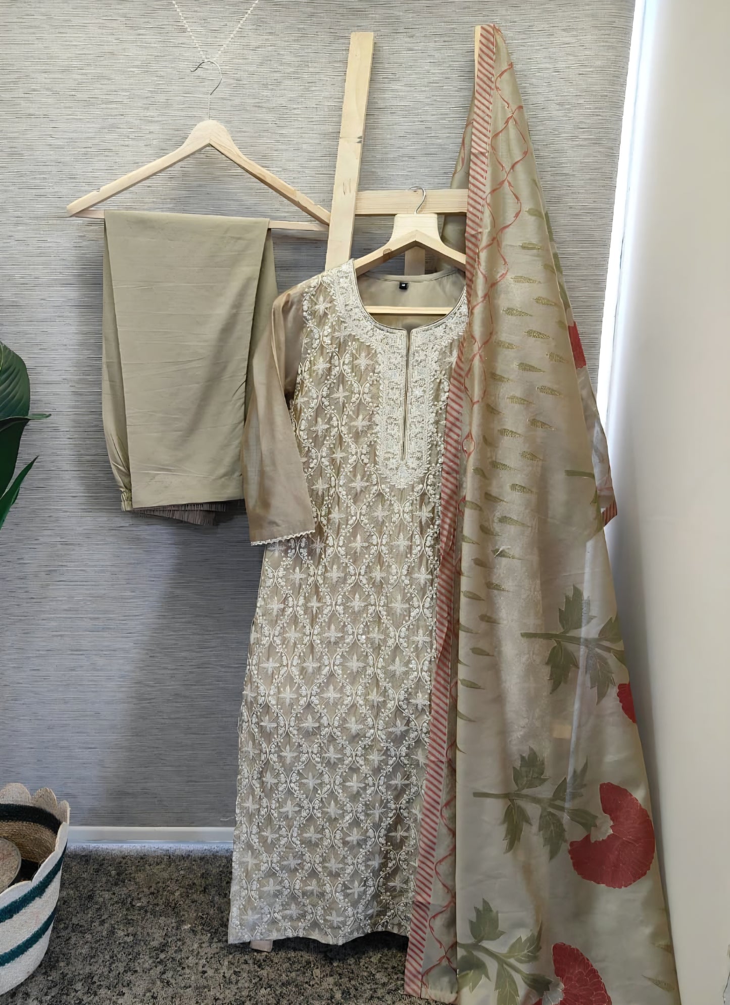 Women’s Chanderi suit set with lining, embroidered kurta pant dupatta, beige stone, round neck slit, sizes 38-46