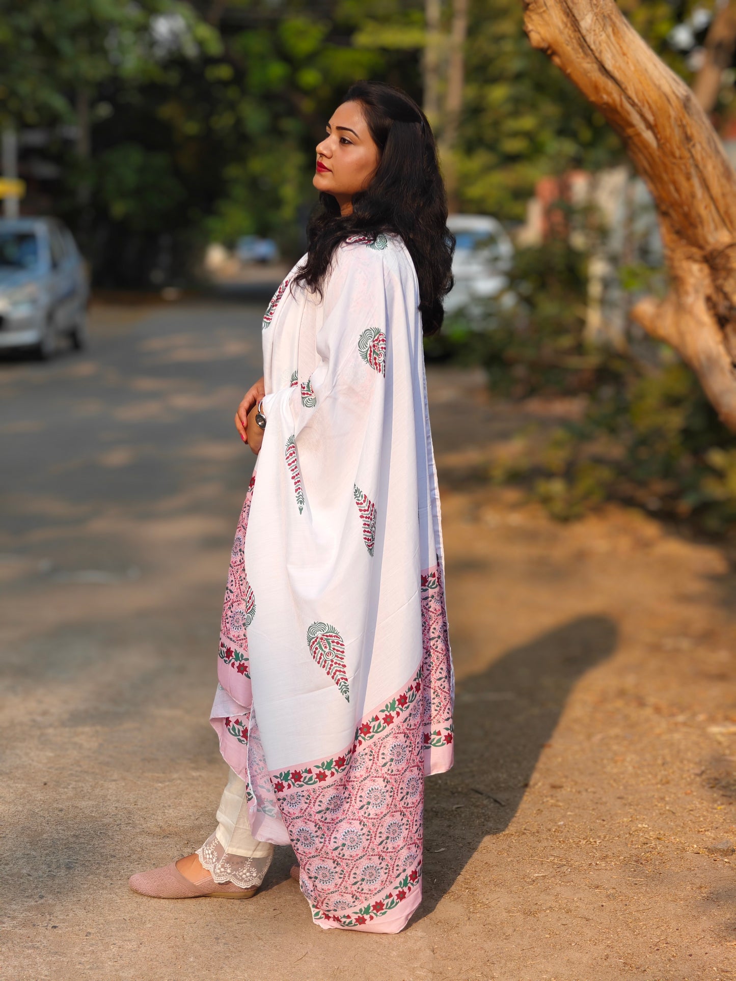 A-line cotton kurti pant dupatta set for women with lace detailing and printed design – summer festive wear