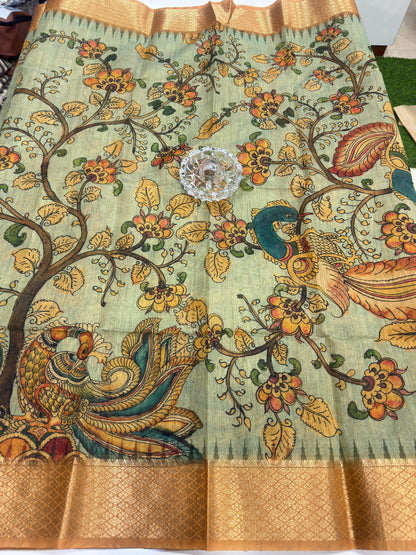 Pashmina Silk Kashmiri Printed Saree for Women Kalamkari Bird Floral Design with Zari Border Ethnic Saree