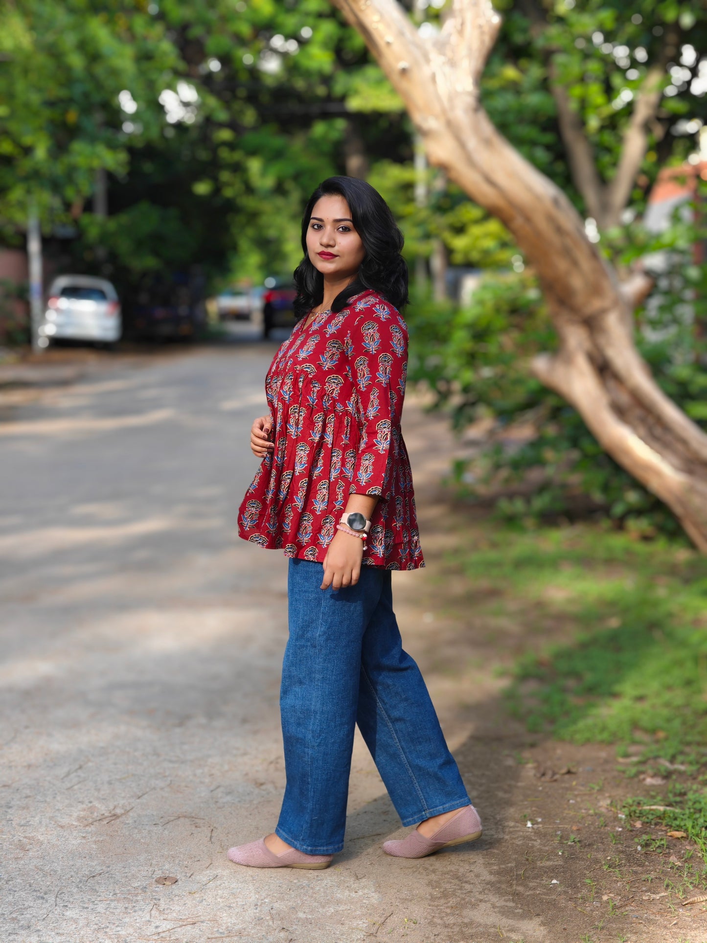 Maroon Cotton Floral Block Print Flared Top for Women – Sizes S to 3XL