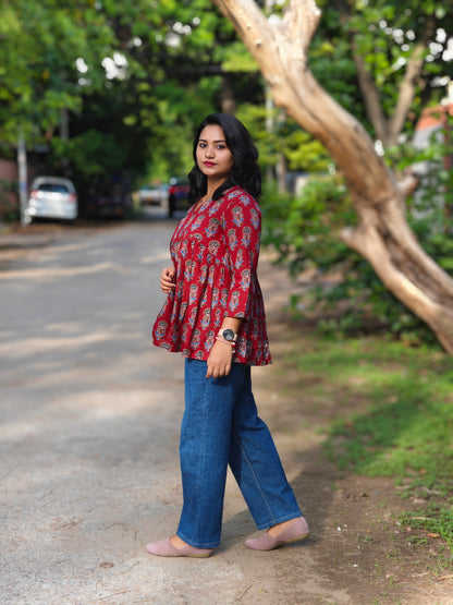 Maroon Cotton Floral Block Print Flared Top for Women – Sizes S to 3XL
