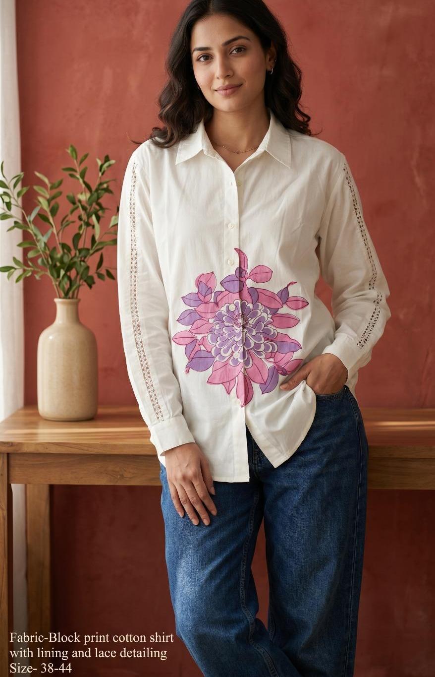 Cotton Block Print Shirt for Women with Lining and Lace Detailing, Full Sleeve Casual Shirt