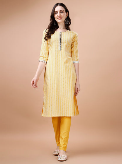 Cotton Blend Sequin Striped Casual Kurti Pant Set for Women – Round Neck, Calf Length