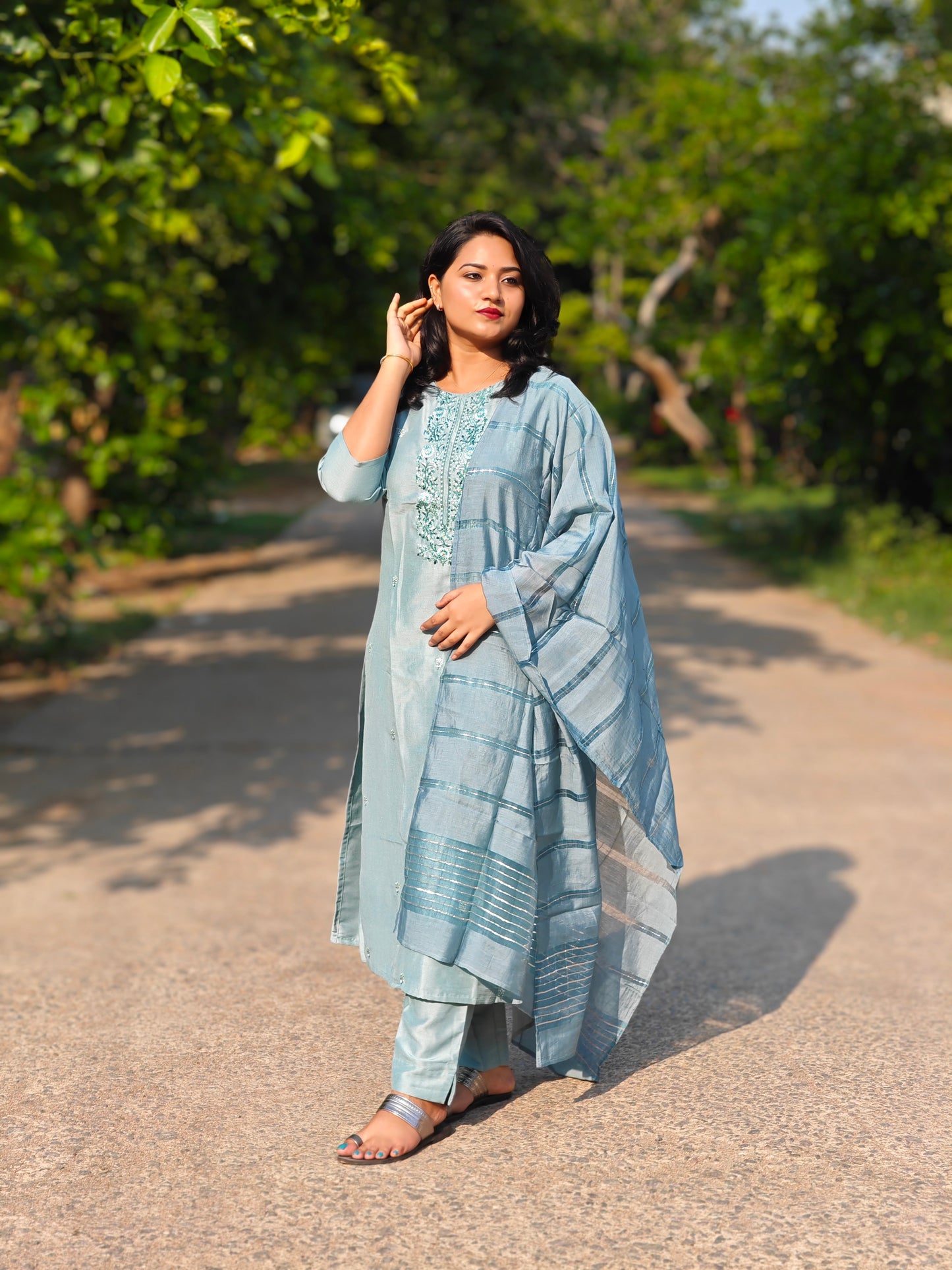 Turquoise Poly Silk Kurta with Pant and Dupatta – Thread Work Suit Set for Women XL & XXL