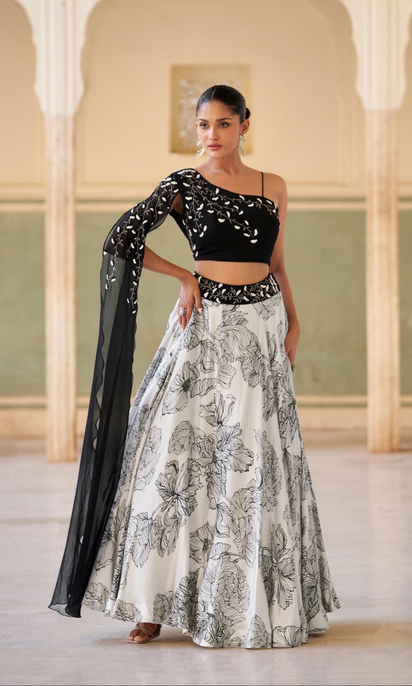 Real chinon embroidered crop top lehenga set for women with cancan – black & white floral pattern