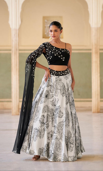 Real chinon embroidered crop top lehenga set for women with cancan – black & white floral pattern