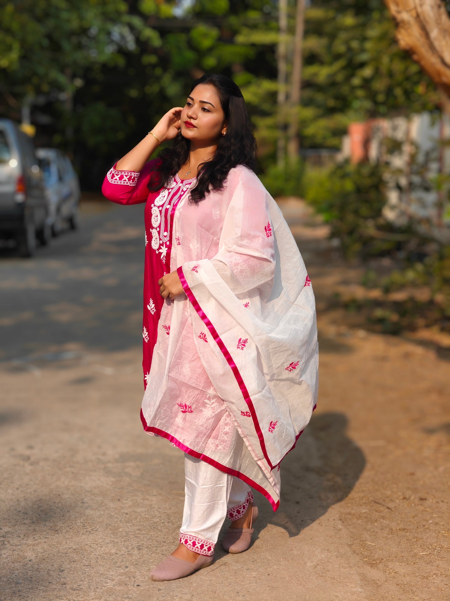 Designer kurti pant dupatta set for women in 14 kg rayon with cotton embroidery and chanderi silk dupatta