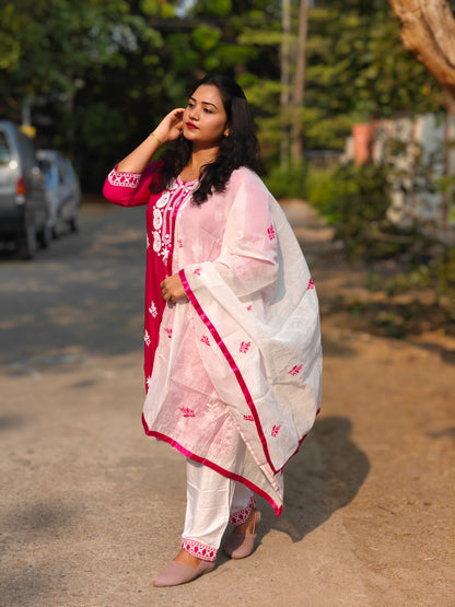 Designer kurti pant dupatta set for women in 14 kg rayon with cotton embroidery and chanderi silk dupatta