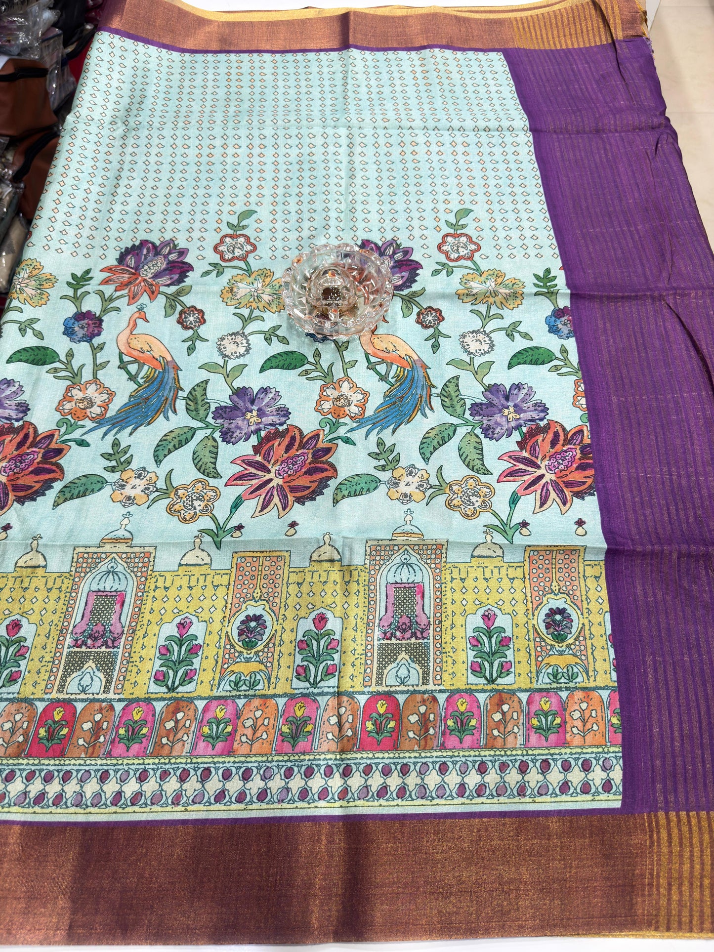 Soft Tussar Silk Printed Saree with Contrast Border, Tassels and Blouse for Women