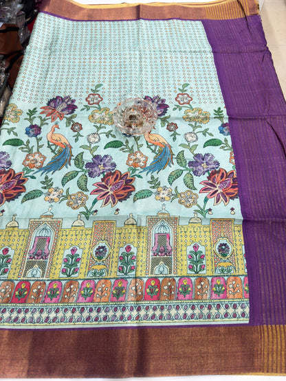 Soft Tussar Silk Printed Saree with Contrast Border, Tassels and Blouse for Women