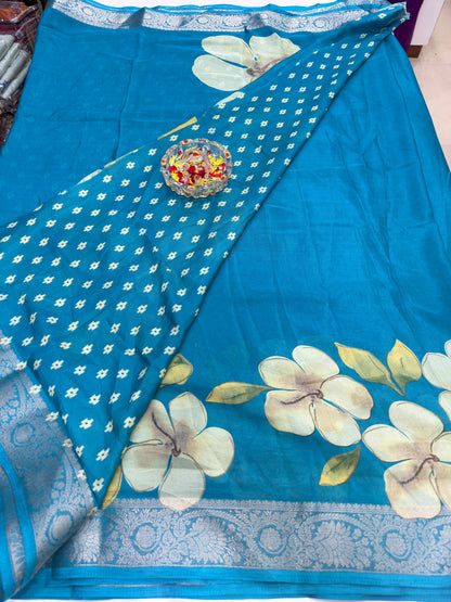 Floral Printed Semi Silk Saree for Women with Woven Border and Elegant Ethnic Design