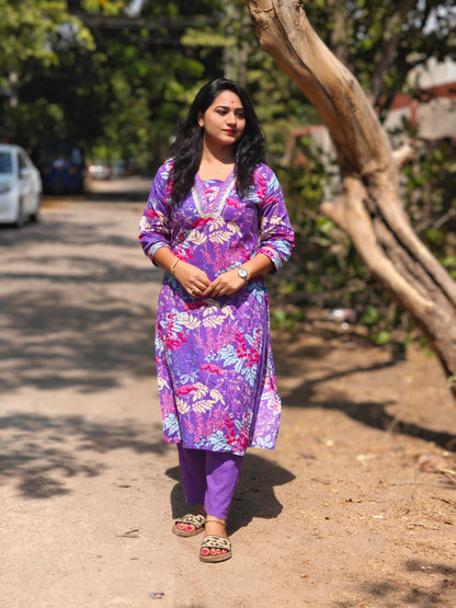 Cotton Printed Kurti Pant Set with Chest Jari Work and V-Neck Design – Summer Wear for Women