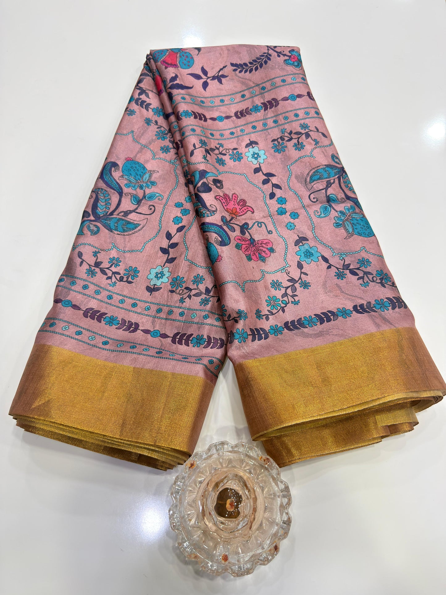 Soft Tussar Silk Printed Saree with Contrast Border, Tassels and Blouse for Women