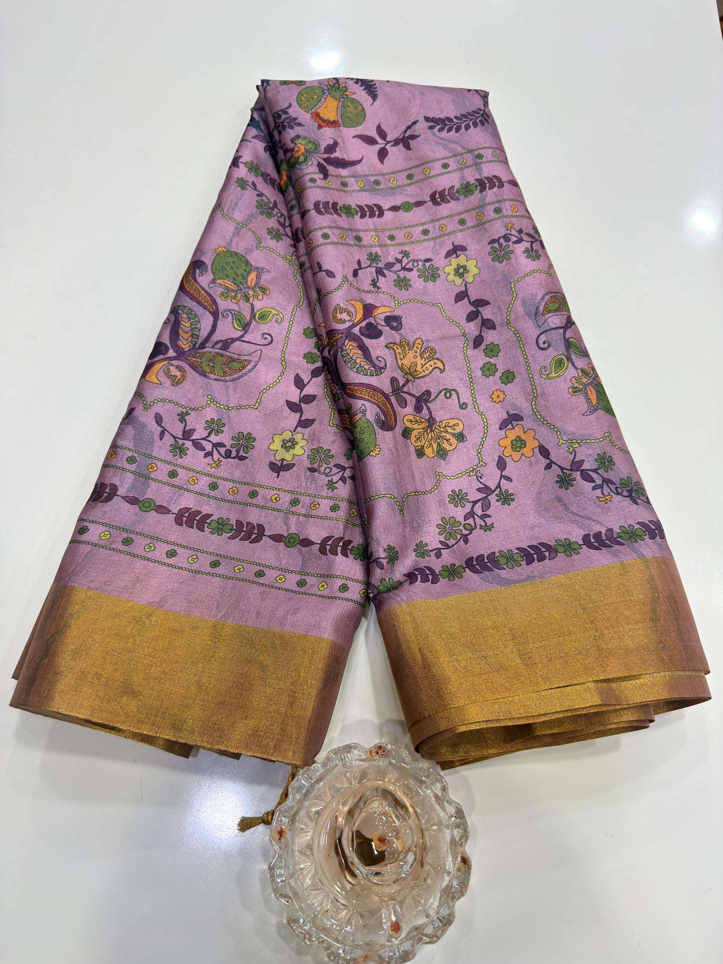 Soft Tussar Silk Printed Saree with Contrast Border, Tassels and Blouse for Women