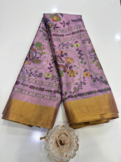 Soft Tussar Silk Printed Saree with Contrast Border, Tassels and Blouse for Women