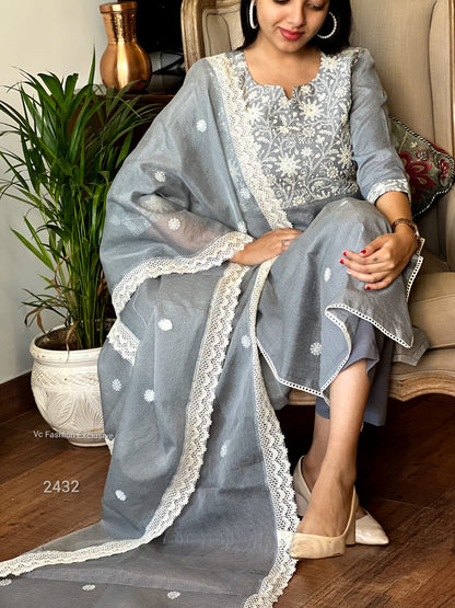 Pure Kota Doria Embroidered Kurta Pant Dupatta Suit Set with Crocia Lace – Women’s Grey, Sizes 38 to 46