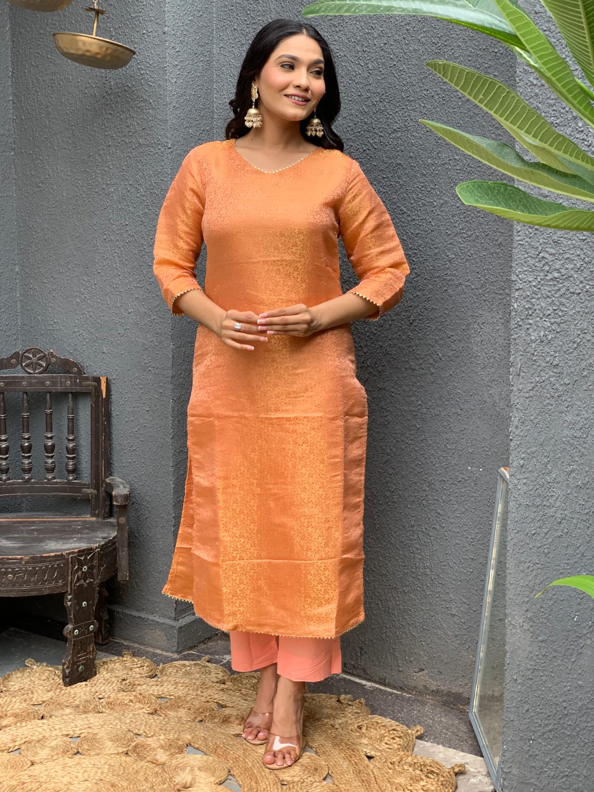 Brocade Banarasi Straight Kurta Pant Set with Organza Dupatta for Women