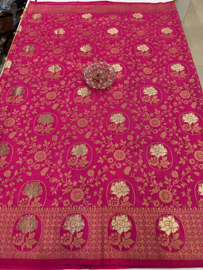 Soft Dola Silk Meenakari Woven Saree with Rich Pallu, Zari Floral Border and Tassels for Women