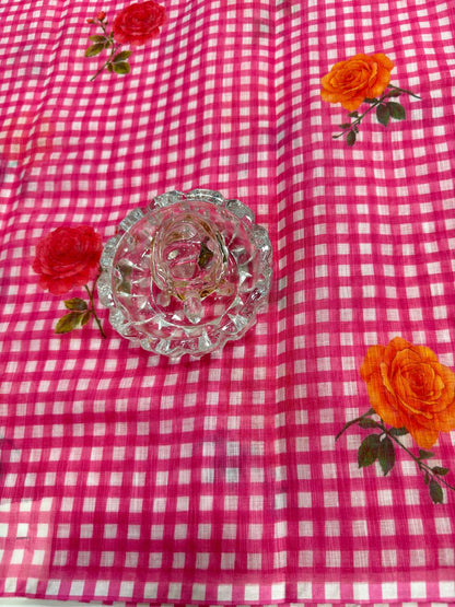 Linen Checks Printed Saree with Rose Floral Design and Matching Blouse for Women