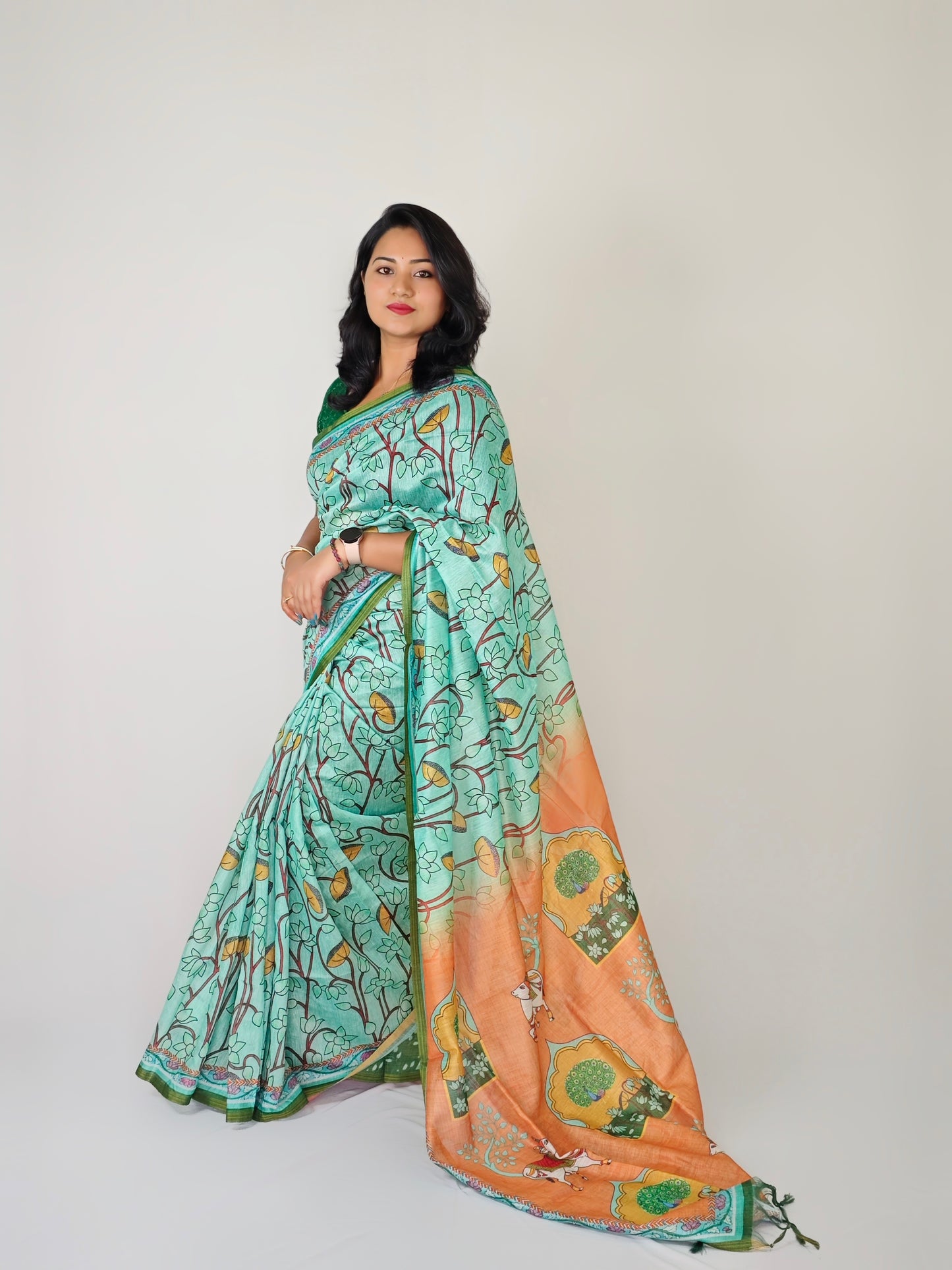 Mul Linen Cotton Saree with Pichwai Print, Tiny Zari Border, Tassel Pallu, and Contrast Blouse