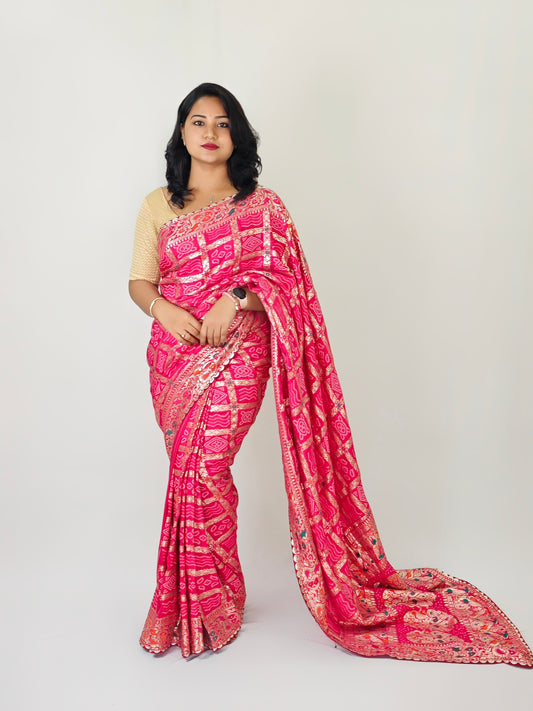 Viscose Silk Bandej Saree with Meenakari Weaving, Heavy Pallu and Lace Border – Festive Wear