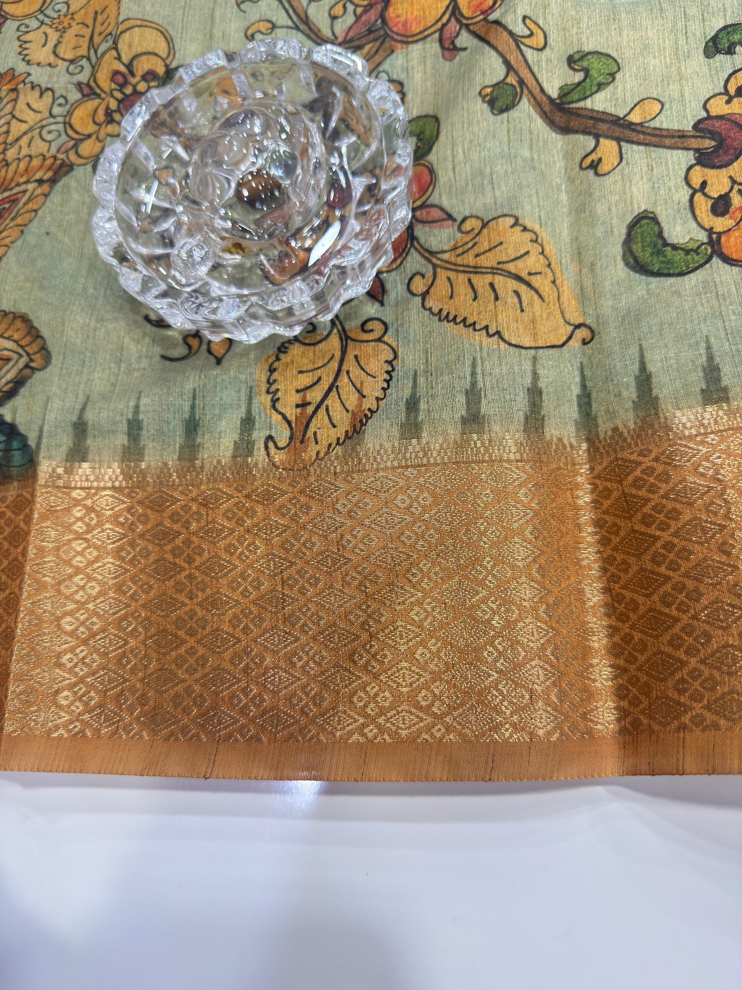 Pashmina Silk Kashmiri Printed Saree for Women Kalamkari Bird Floral Design with Zari Border Ethnic Saree