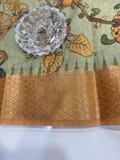 Pashmina Silk Kashmiri Printed Saree for Women Kalamkari Bird Floral Design with Zari Border Ethnic Saree