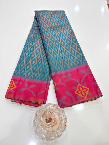 Soft Silk Ikkat Pochampally Saree with Traditional Woven Border and Blouse Piece for Women