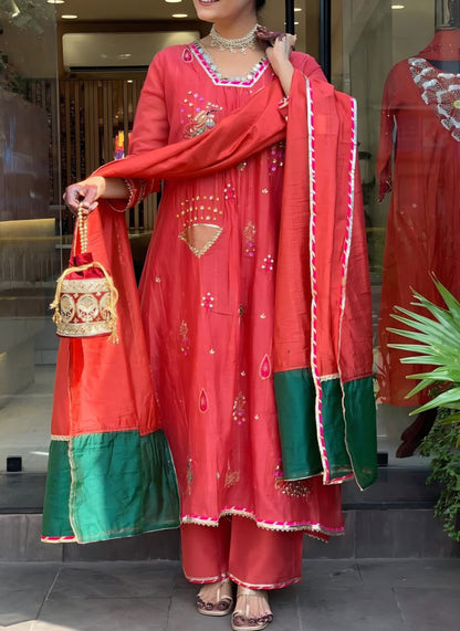 Women’s pure chinnon kurta pant dupatta set coral red with green border, mirror style neckline work, festive wear, sizes 38-44