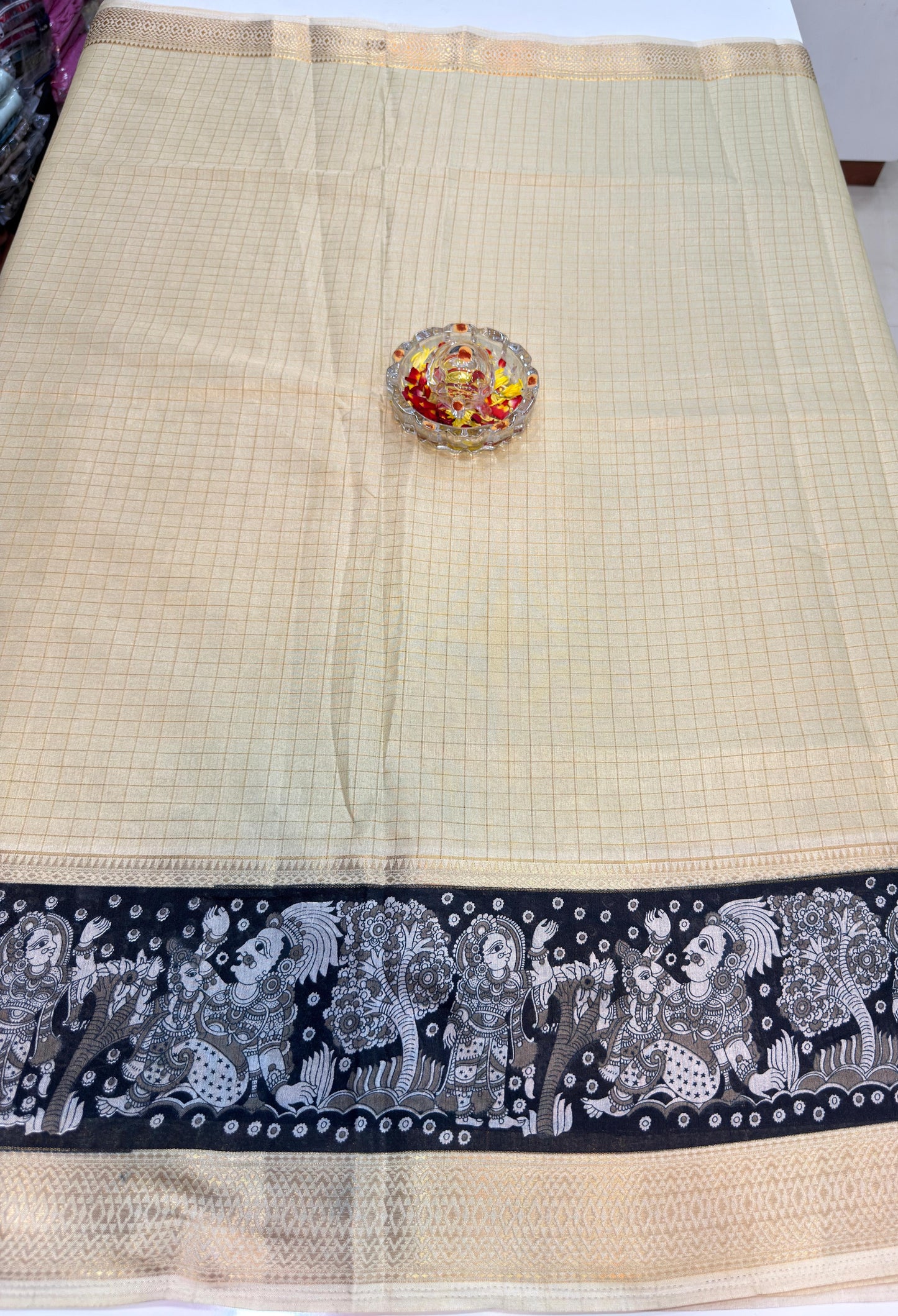 Semi Mysore Georgette Blend Saree for Women with Woven Border and Traditional Printed Design