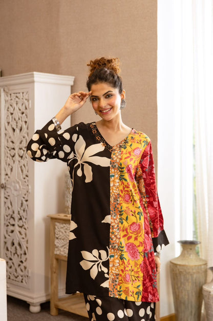 German rayon kurta palazzo set for women with printed detailing work