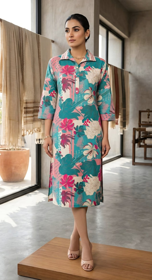 Cotton 60x60 Floral Printed Dress Teal Pink