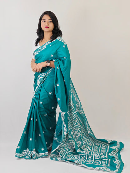 Handcrafted Gujarati Work Saree on Blended Banglori Silk with Contrast Cord Piping – Wedding and Festive Wear