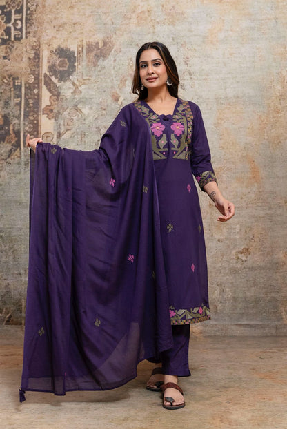 Women's cotton 60x60 straight kurta pant set with dupatta, purple embroidered-look yoke, M–3XL