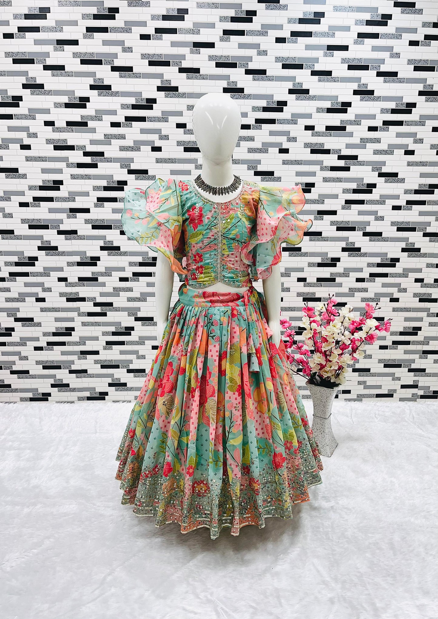 Girls’ Heavy Fox Georgette Lehenga Choli with Digital Print and Sequins Embroidery – Stitched Kids Ethnic Wear