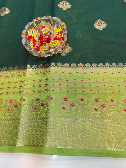 Banarasi Semi RW Mango Silk Saree for Women with Zari Buta, Contrast Border, Designer Pallu and Brocade Blouse