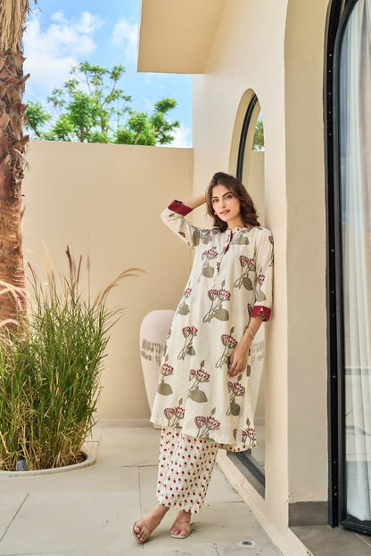 Cotton Kurti Pant Set for Women, Floral Printed Kurta with Straight Pants, M to XXL