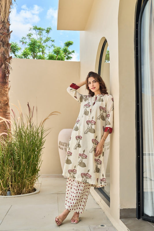 Cotton Kurti Pant Set for Women, Floral Printed Kurta with Straight Pants, M to XXL