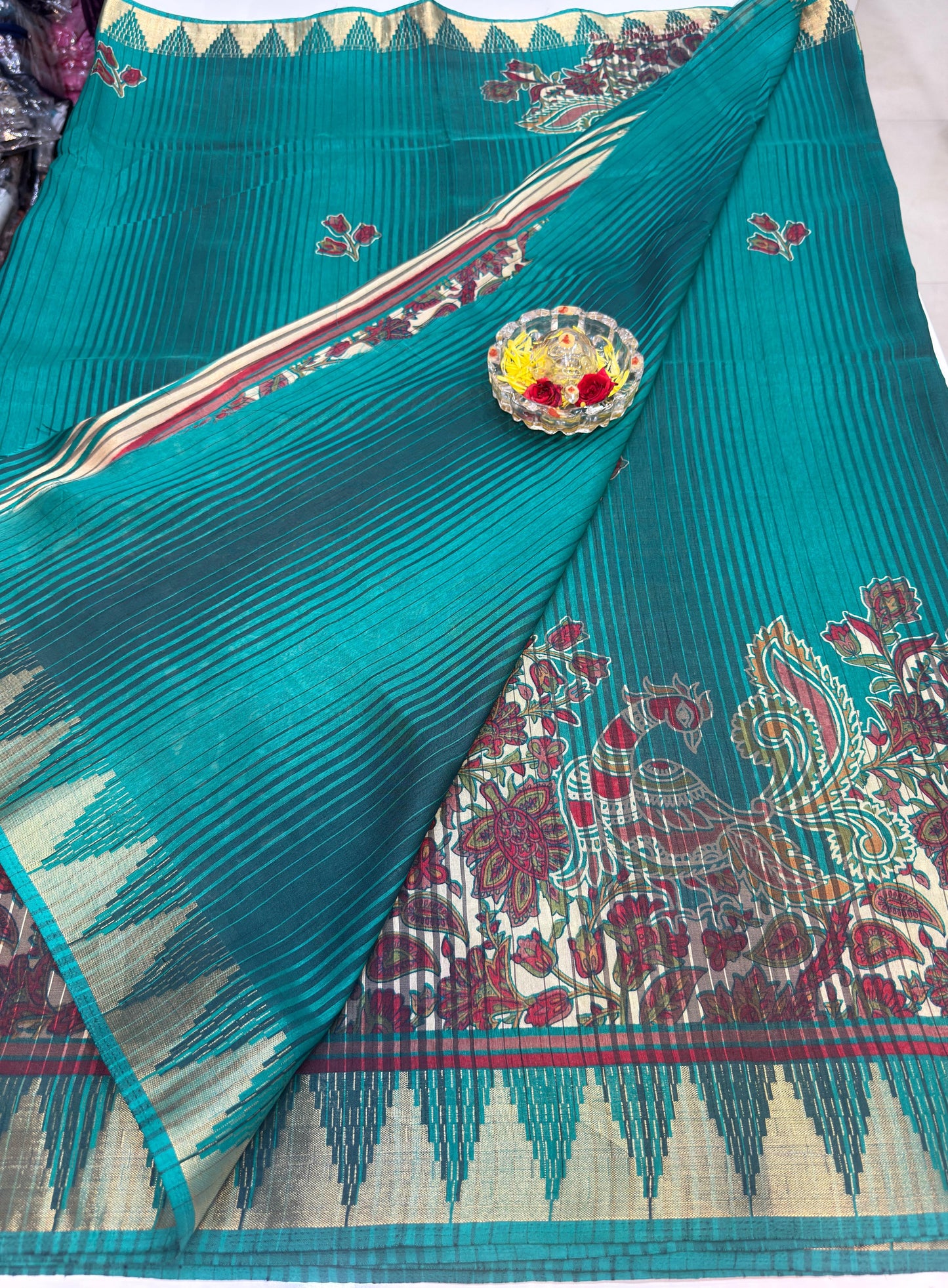 Printed Silk Blend Saree for Women with Temple Border and Traditional Ethnic Design