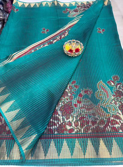 Printed Silk Blend Saree for Women with Temple Border and Traditional Ethnic Design