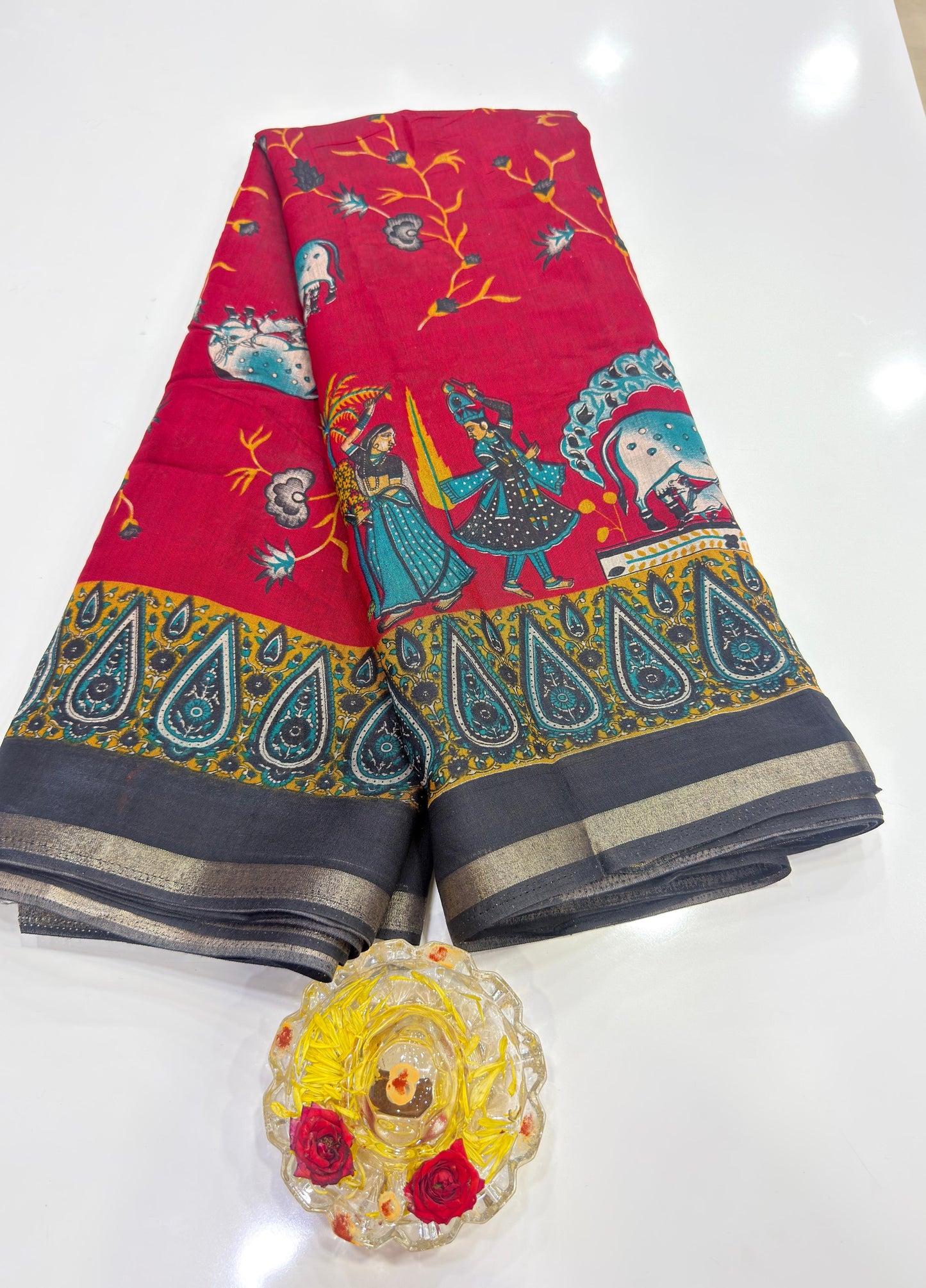 Kalamkari Printed Silk Blend Saree for Women with Artistic Border and Traditional Ethnic Design