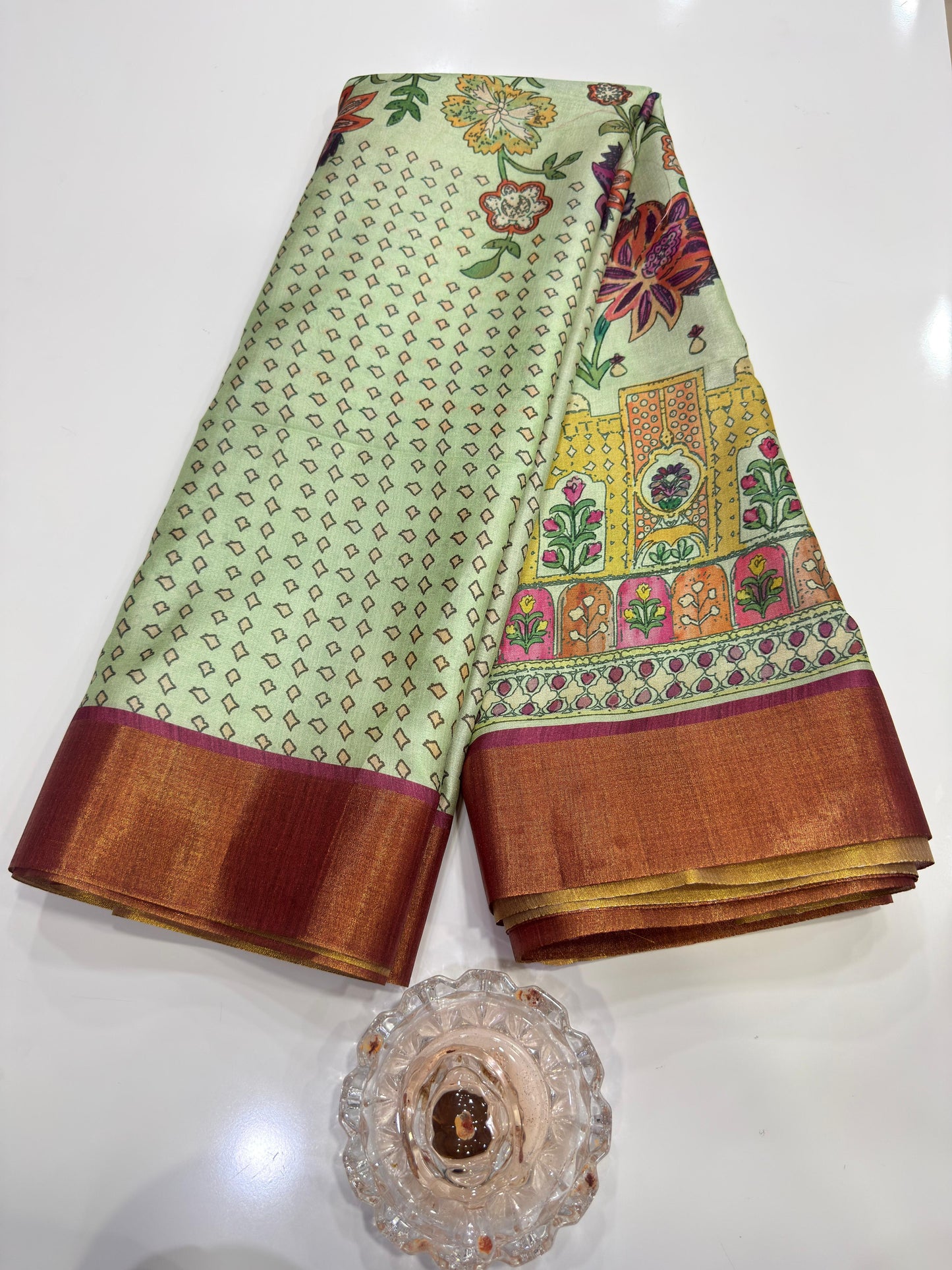 Soft Tussar Silk Printed Saree with Contrast Border, Tassels and Blouse for Women