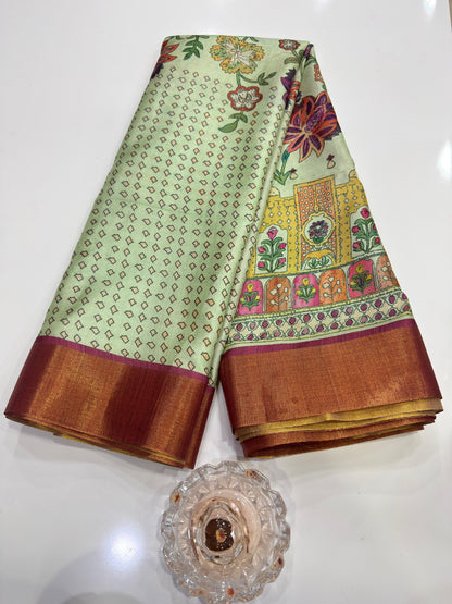 Soft Tussar Silk Printed Saree with Contrast Border, Tassels and Blouse for Women
