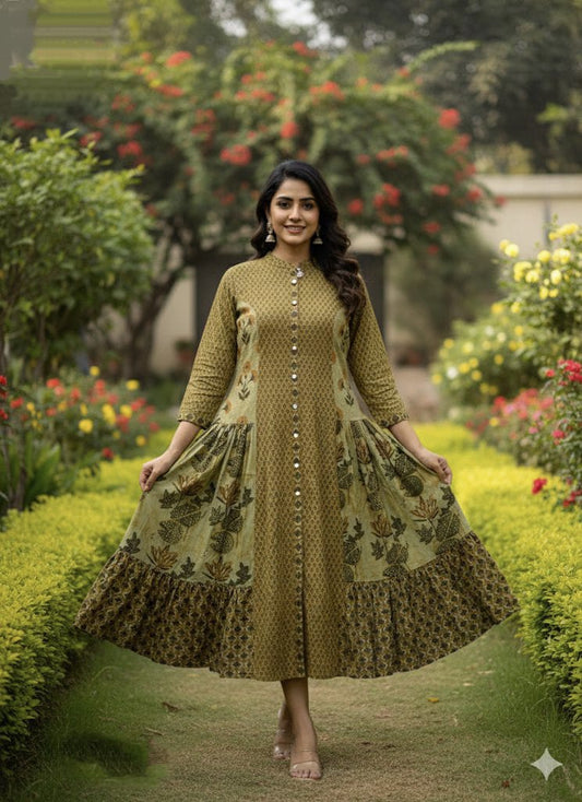 Women’s olive green cotton 60x60 flared printed midi kurta dress with button-front, M–3XL