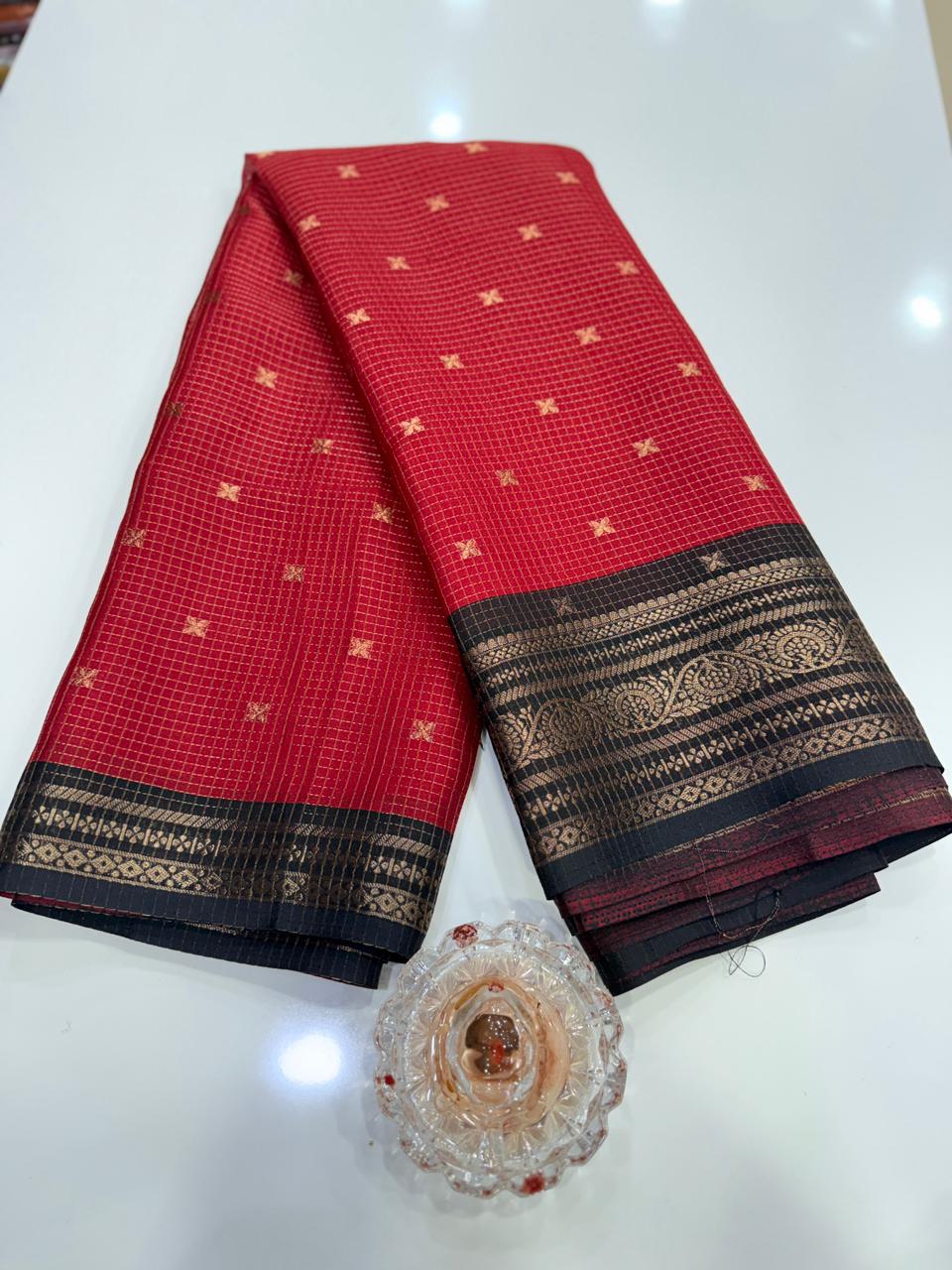 Munga pattu silk blend saree with small buti checks and zari border, women’s festive wear saree