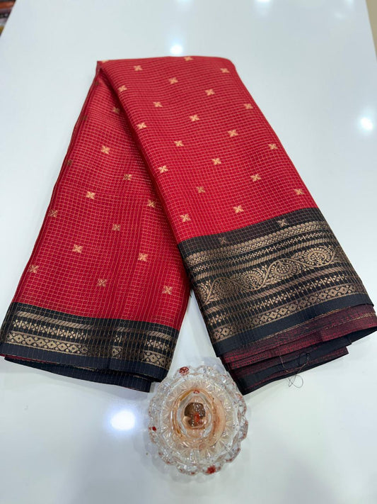 Munga pattu silk blend saree with small buti checks and zari border, women’s festive wear saree